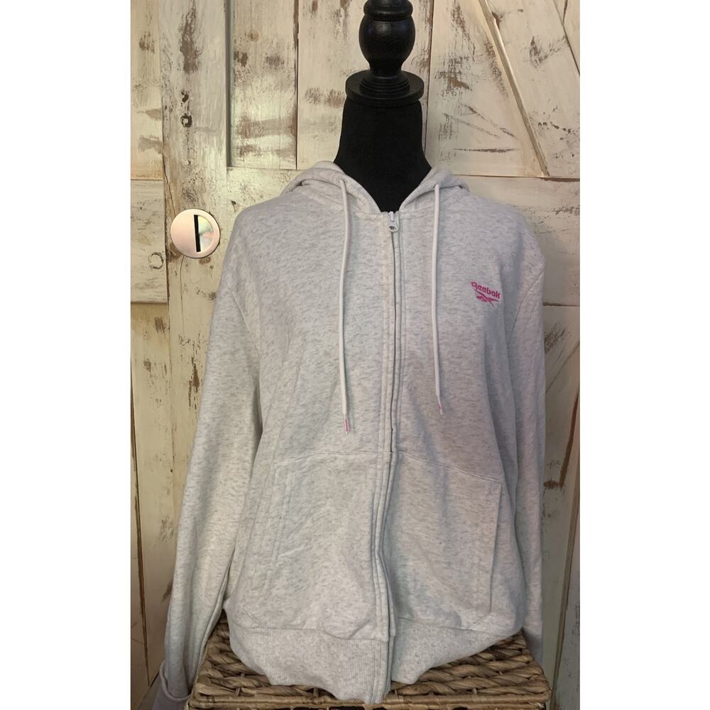 NWT REEBOK Women's Pink Logo Drawstring Hoody Fleece Full Zip | Gray Camel | XL